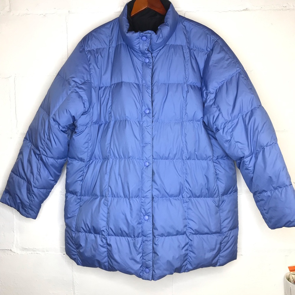 Lands End Reversible Blue Black Down Quilted Puffer Jacket Coat